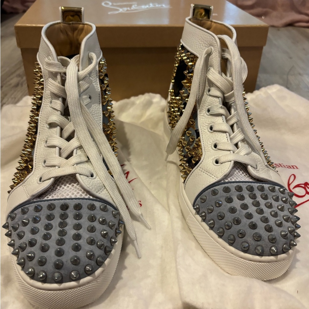 Christian Louboutin White and Gold Spiked High-Tops